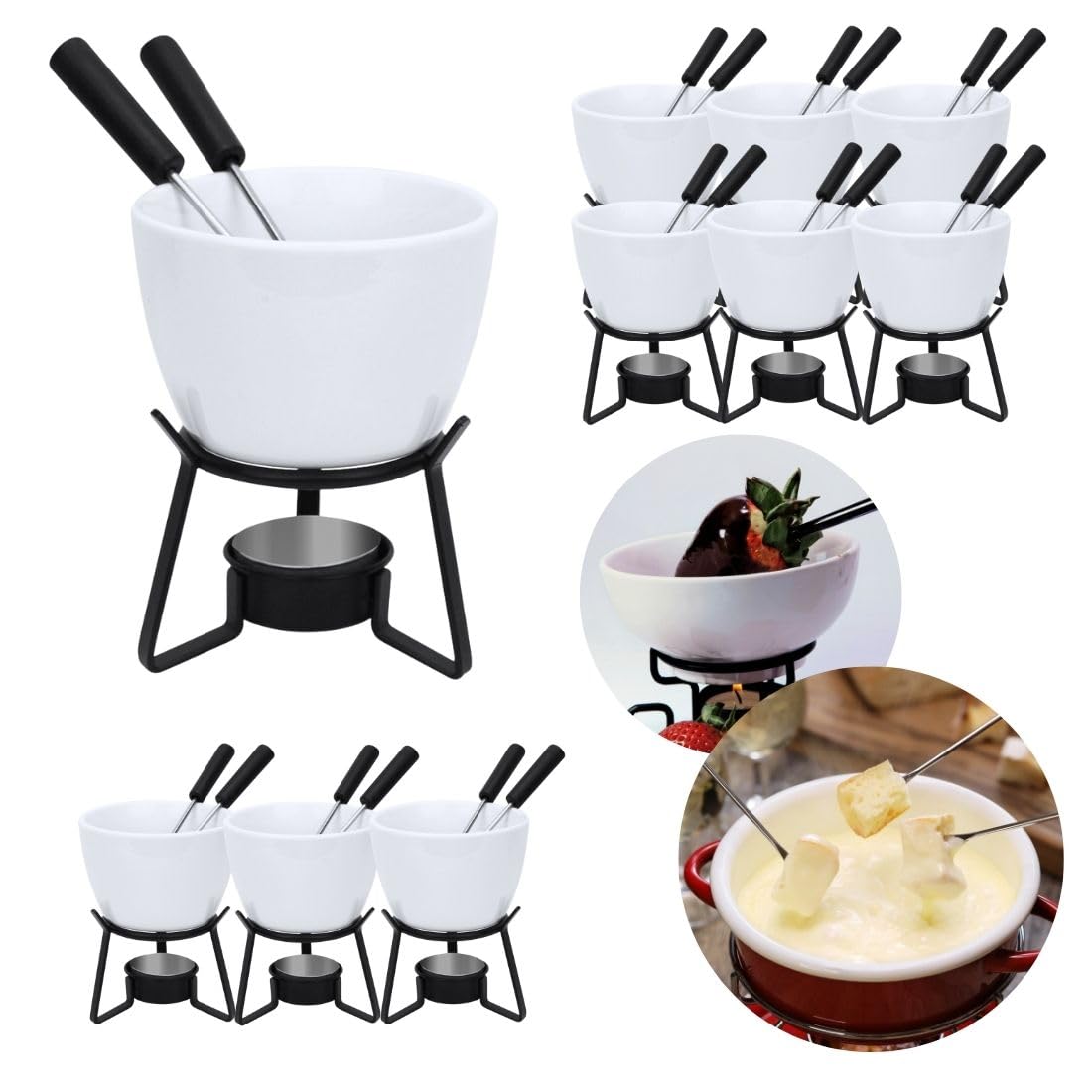 Lote 10 Fondues Individuales Cerámica y Metal – para Queso, Chocolate o Salsas Calientes – Hostelería, Restaurantes, Catering, Hoteles – con Tenedores