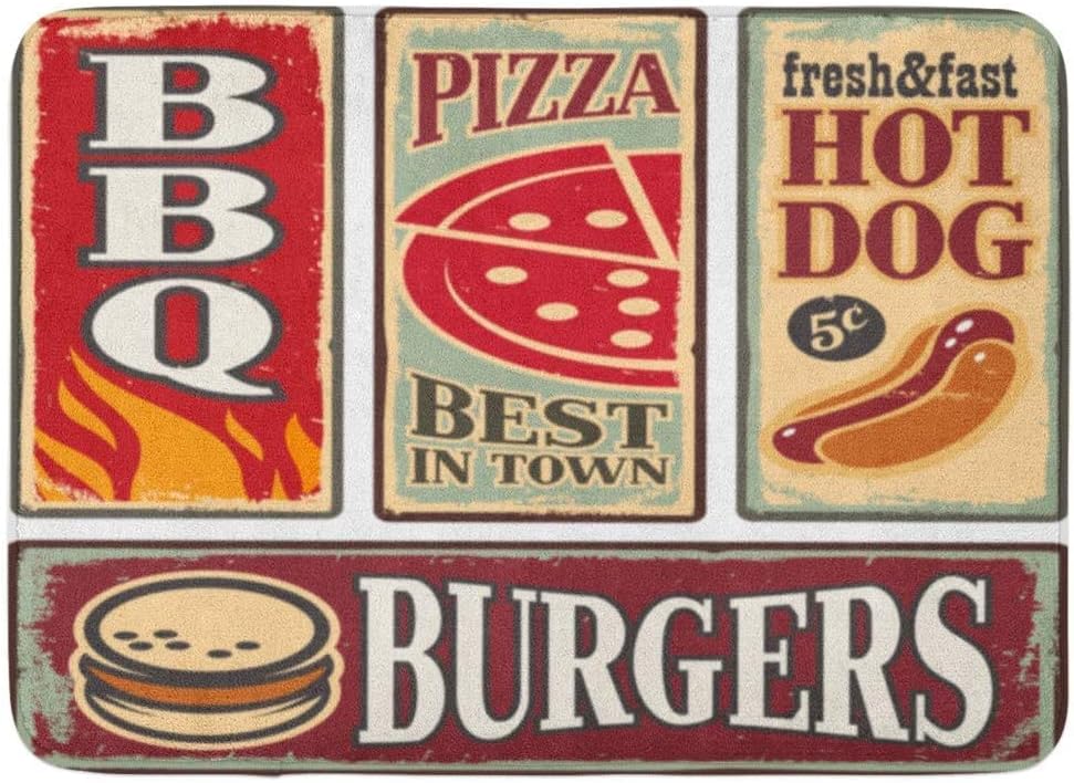 IUBBKIVintage Fast Food Tin Signs Retro Ads Collection Pizza Burger Hot Dog and Barbecue Delicious Snacks Bathroom Decor Rug Bath Mat