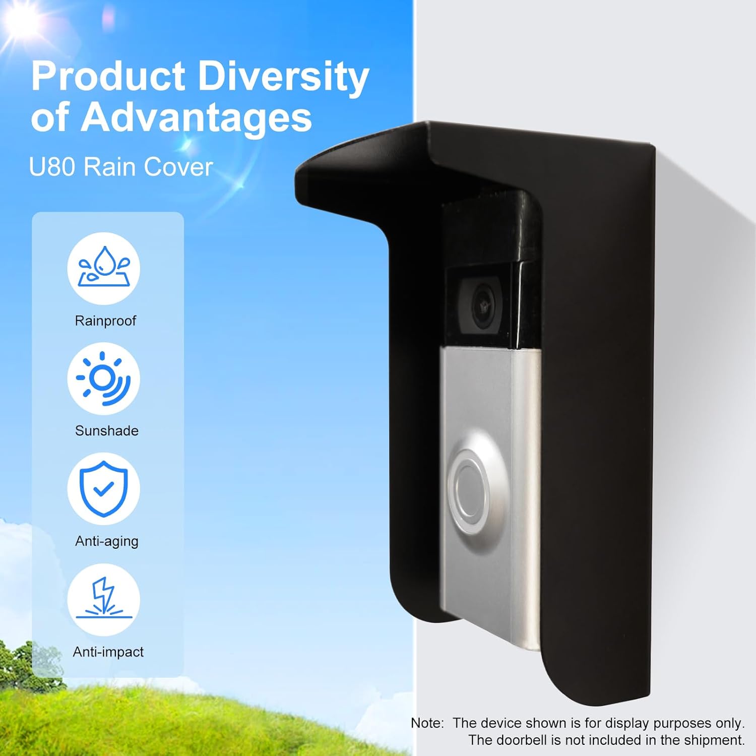 Outdoor Black Doorbell Rain Anti-Glare Cover, Steel Weather-Blocking Camera Cover Glare Sun Shade Protection for Most Video Doorbells(Inward fold)