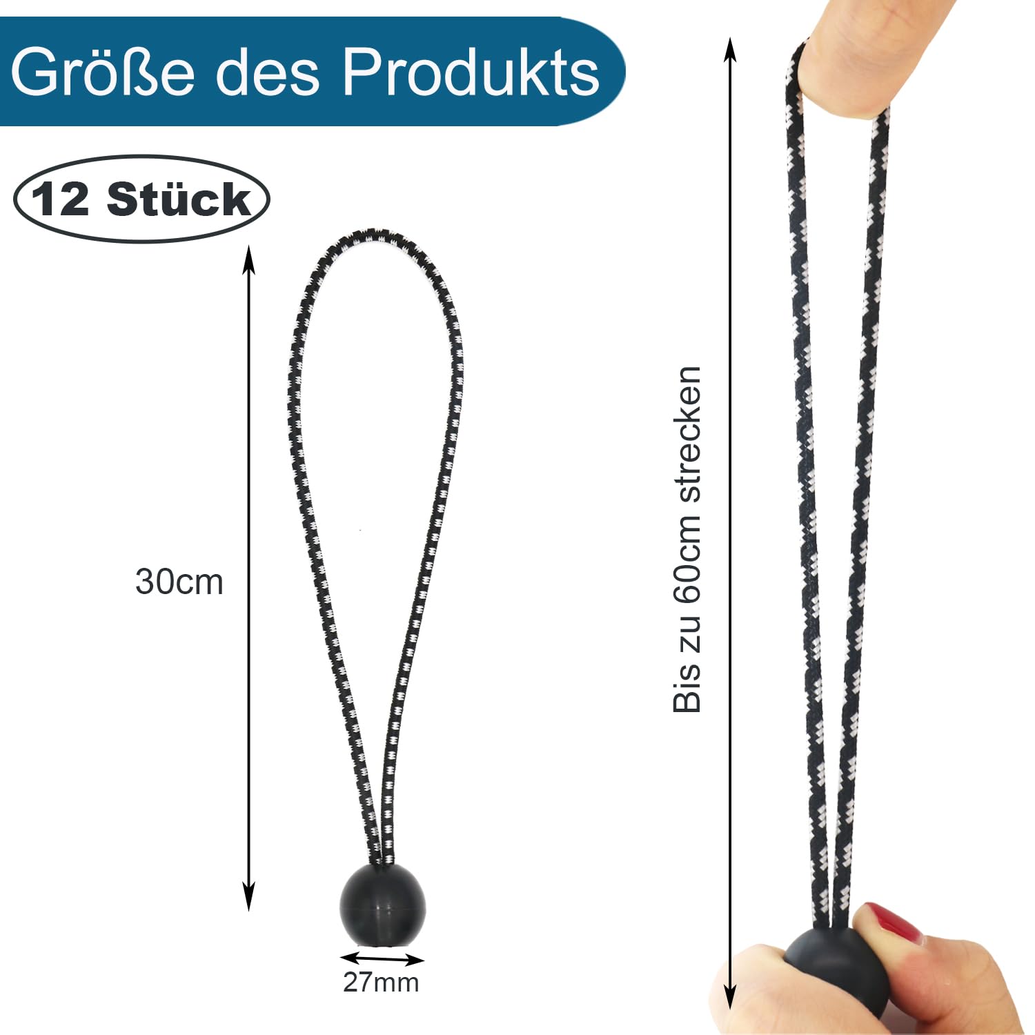 JunGG Bungee Cord with Balls, 12Pcs 12 Inch Black White Bungee Ball Cords - Image 2