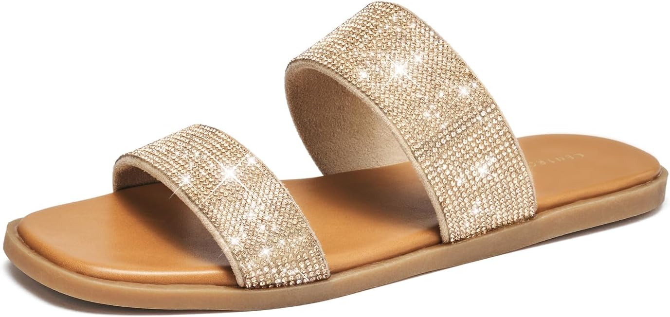 CentroPoint Women's Bling Rhinestone Two Band Flat Sandals Open Toe Slip On Summer Slides