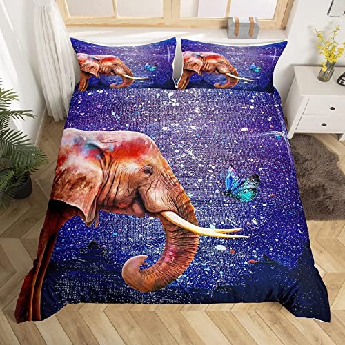 Housse de Couette 220x240 Éléphant Papillon Violet Imprimée Microfibre Parure Cover
