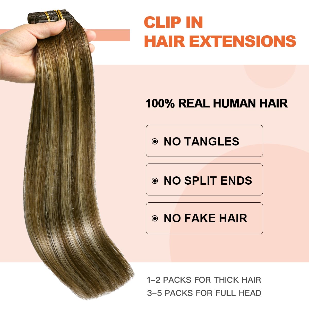 XDhair Extension Capelli Veri Clip Dal castano cioccolato al biondo caramello 45cm 120g 6pcs Extension Clip Capelli Veri Lisci Extension Clip in Human Hair (C#4/27/4-18)