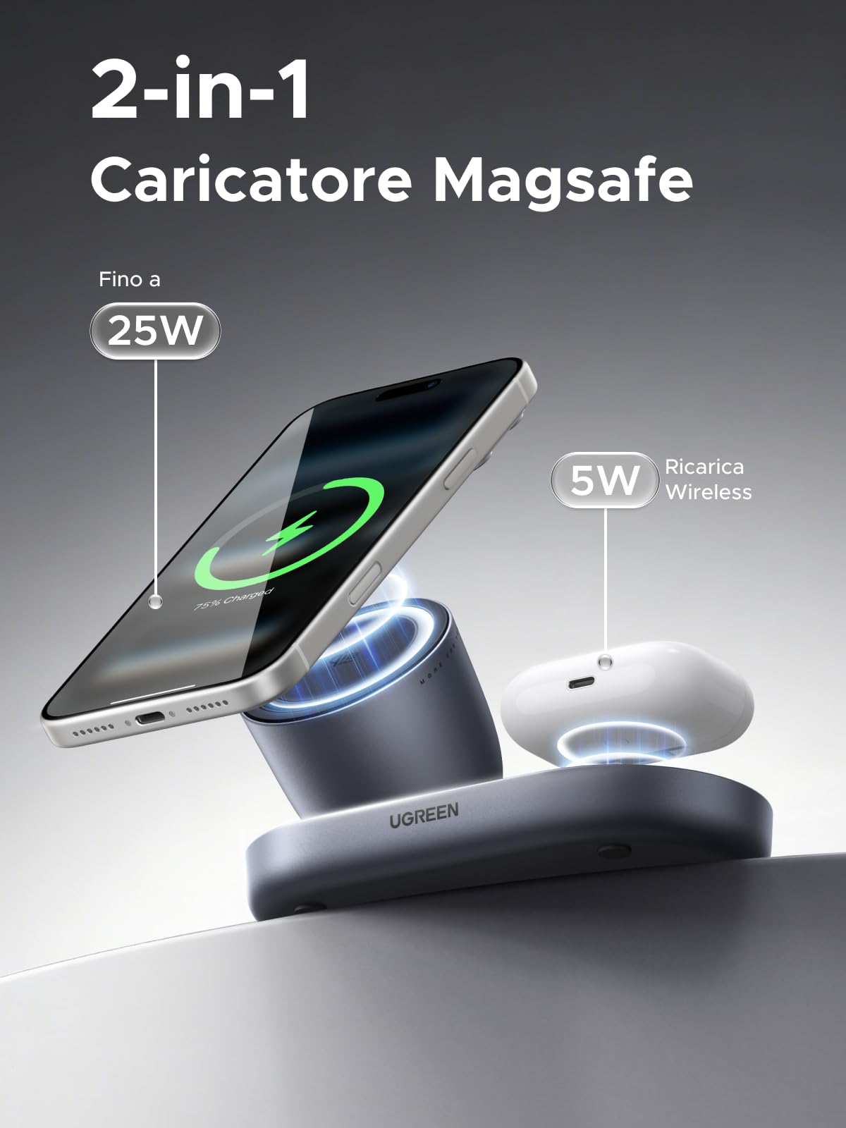 UGREEN Zapix Caricatore Wireless iPhone, Qi2 25W Ricarica Ultra Rapida, 2 in 1 Base Ricarica Magnetico Compatibile con Magsafe iPhone 17 16 15 14 13 12 Pro Max Air Plus AirPods (Nero)