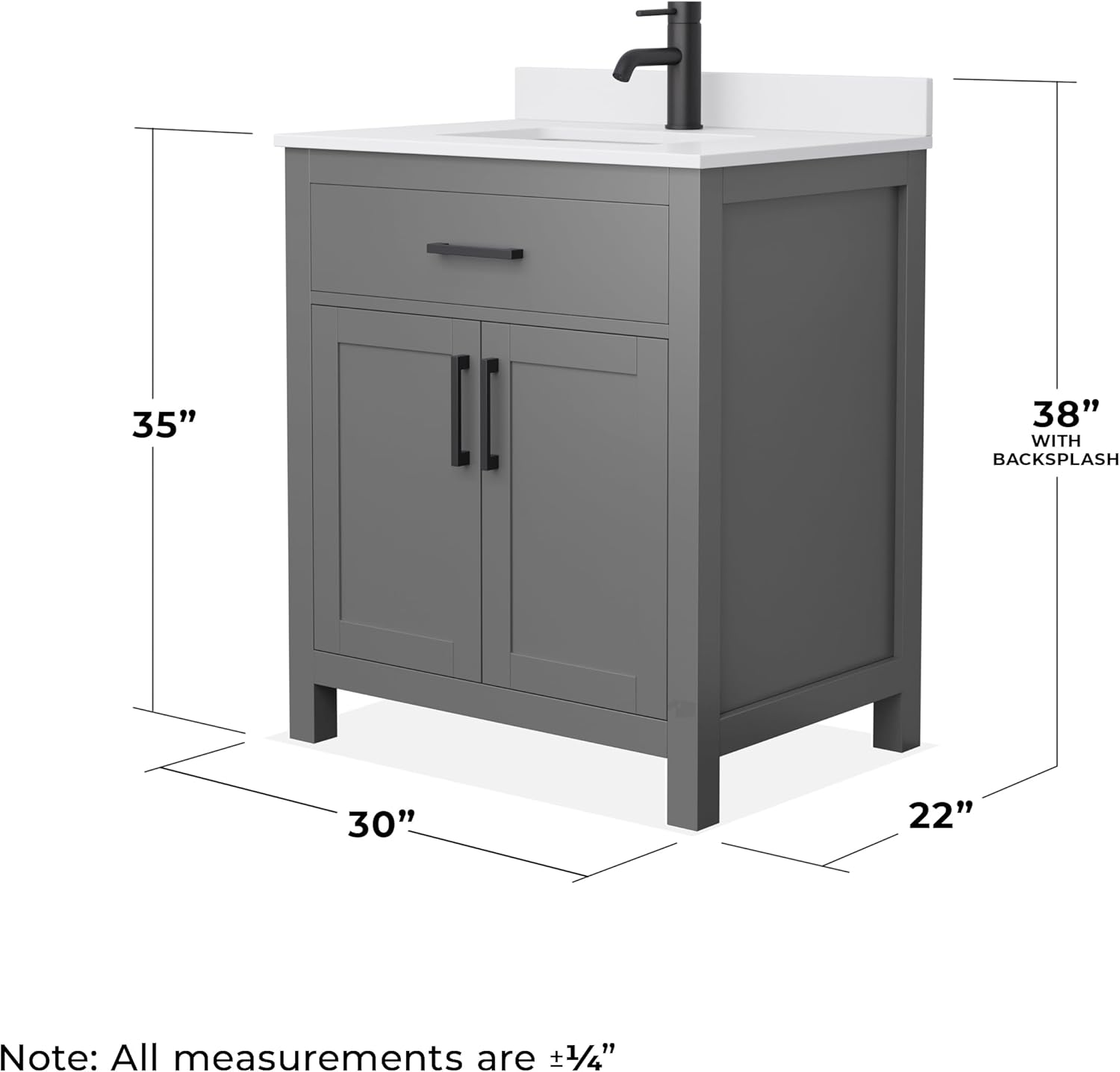 Beckett 30 Inch Single Bathroom Vanity in Dark Gray, White Cultured Marble Countertop, Undermount Square Sink, Matte Black Trim