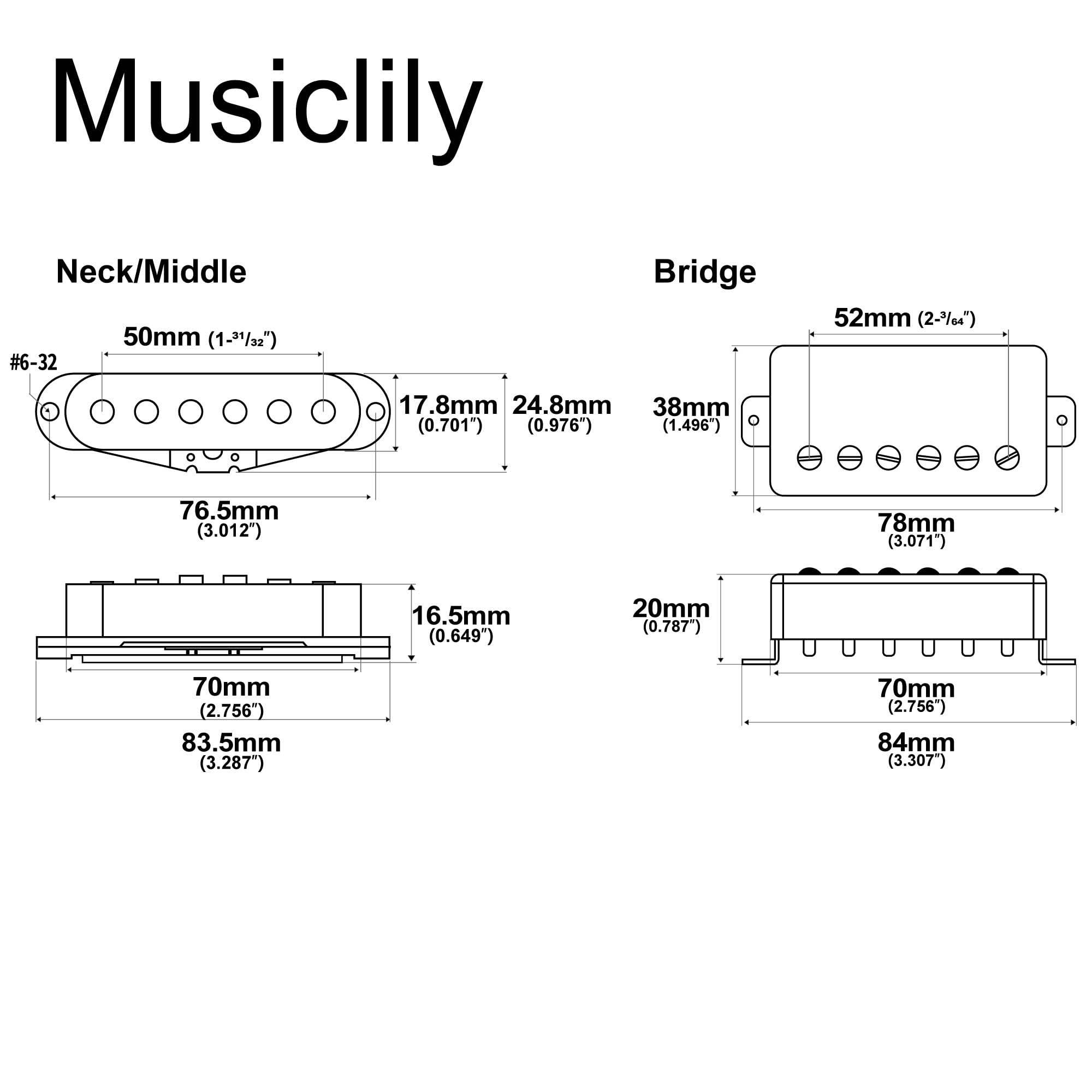 Musiclily Pro ST-60SE Alnico 5 Staggered Single Coil Pickups and Covered Humbucker ST-HSS Neck Middle Bridge Pickups Set for Strat Style Electric Guitar Black - Image 2