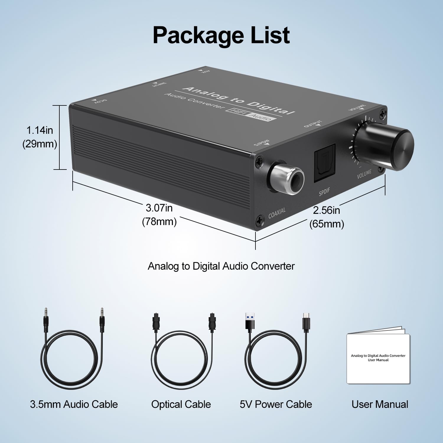 Analog to Digital Audio Converter, RCA to Optical Audio Converter with 3.5mm AUX Jack and Coaxial Adapter for Soundbar, Equipped with Volume Adjustment Function (RCA/AUX→ Coaxial/Opitial)