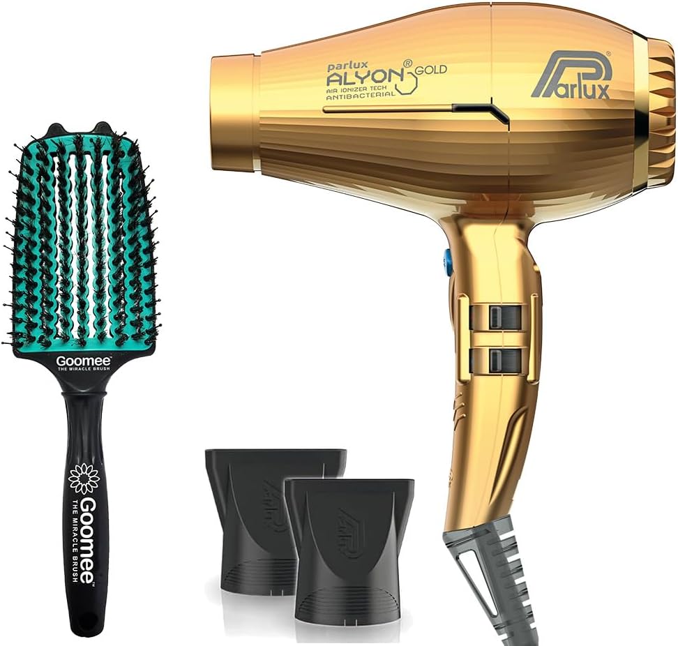Parlux Alyon Gold Hair Dryer with Miracle Large Detangling Brush Mint Green – Ionic and Ceramic Blow Dryer and Dual Bristle Brush for Fast Drying, Frizz Control, and Shine