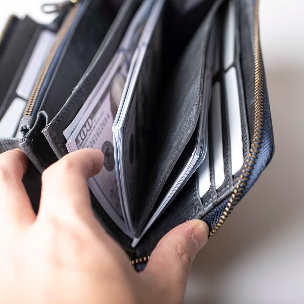 [Hallelujah] 長財布 本革 メンズ レディース l字ファスナー TIDY 人気 革 大容量 通帳が入る 多機能 カード 使いやすい おしゃれ 小銭入れ シンプル 30代 40代 50代 プレゼント ネイビー (Navy)