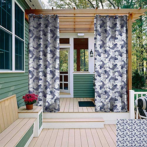 leinuoyi Fish, Outdoor Patio Curtains, Japanese Carp Koi with Wave Patterned Background Ancestral Animals Asian Culture, for Patio Waterproof W84 x L108 Inch Dark Blue White