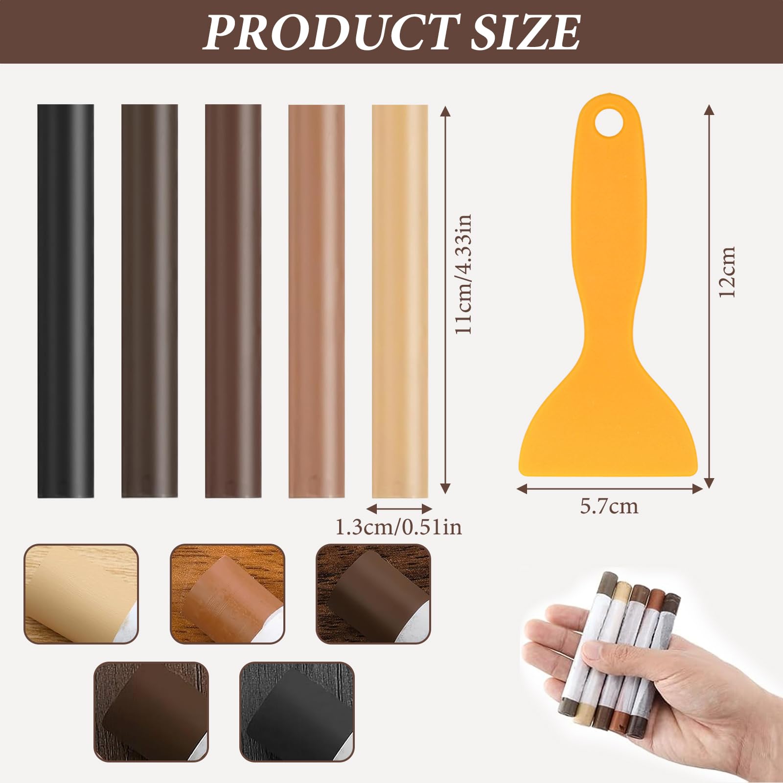 5Pcs Wax Filler Wood Repair Sticks Laminate Worktop Repair Kit Laminate Floor Light to Dark Brown for Wooden Furniture Laminate Flooring Table Door Guitar Scratches Holes Stains with 1 Scraper - Image 2