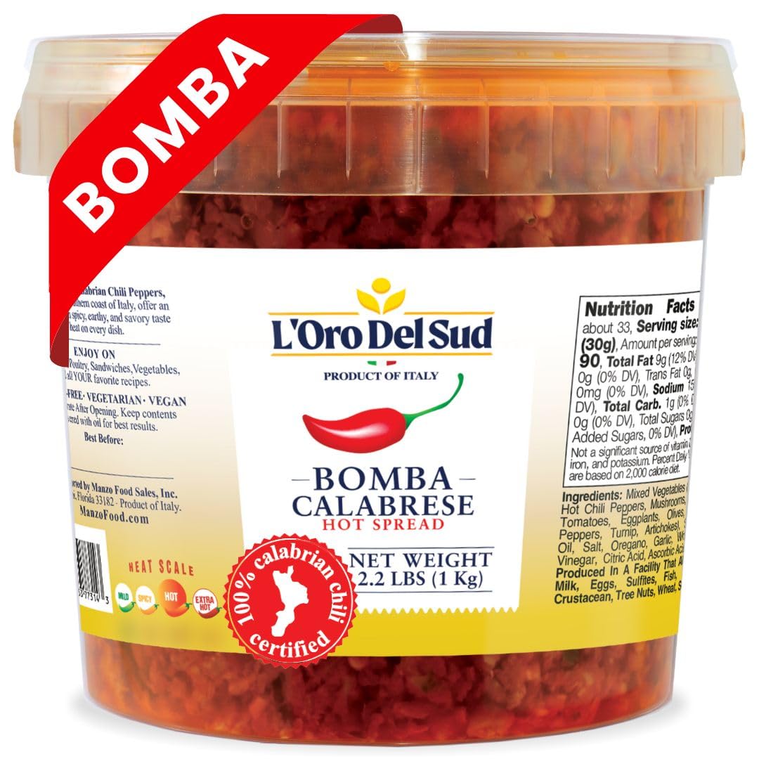 Calabrian Bomba Hot Pepper Sauce 2.2 lb (1 kg), Certified Authentic, Bomba Calabrese, Spicy Mixed Vegetable Spread, Product of Italy, L'Oro Del Sud