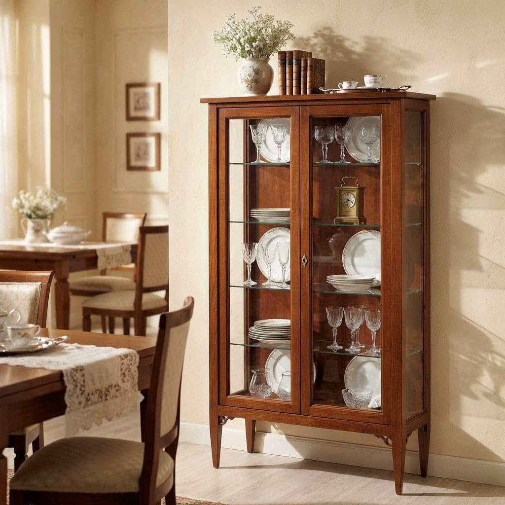 Milani Home Mobile Con Vetrina In Legno Massello, 90x41x186 Cm, Espositore Classico