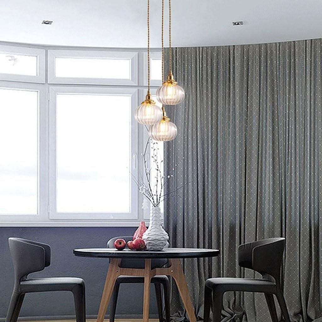 Pendelleuchte Geriffeltes Glas Kugel, Hängelampe Messing Vintage Klar Kronleuchter Landhausstil für Schlafzimmer Esszimmer