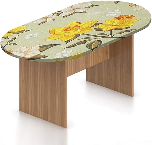 Miniatura 1 de XISUNYA Mantel ajustable ovalado de poliéster con bordes elásticos y flores, con estampado de ramas de narciso floral, se adapta a mesas ovaladas de