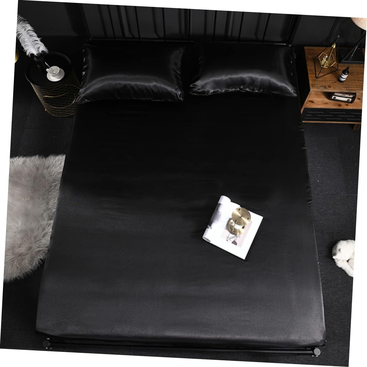 Cabilock Romantic Silk Bedding Set Silk Satin Flat Sheet Queen Black Bed Mattress Pad Cover