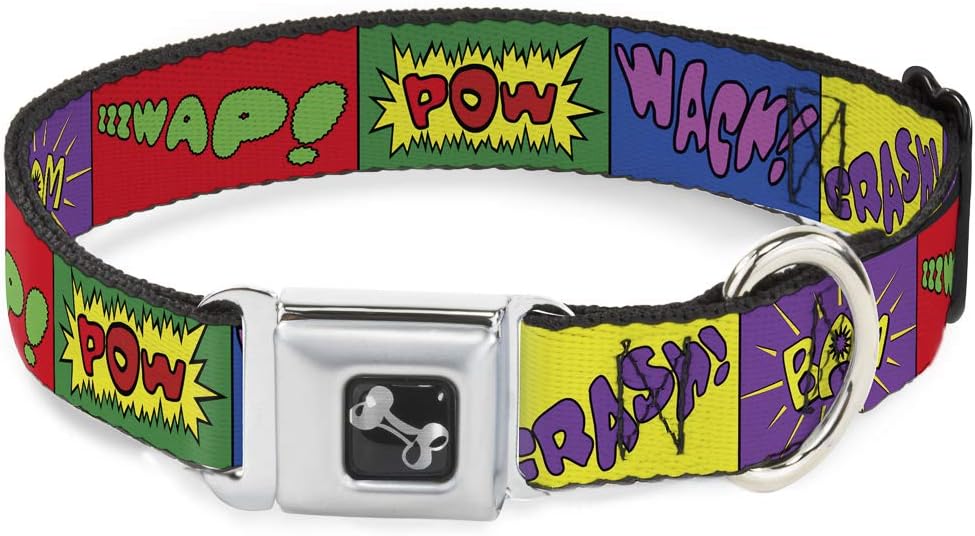 Buckle-Down Seatbelt Buckle Dog Collar - Sound Effect Blocks Multi Color - 1" Wide - Fits 11-17" Neck - Medium
