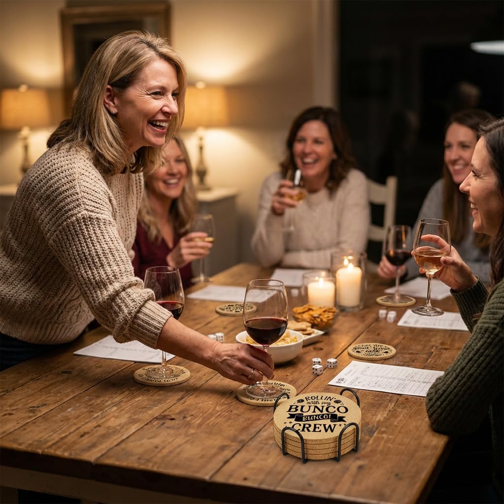 Bunco Coasters Set of 6 with Holder, Funny Bunco Game Cork Drink Coasters for Bunco Night Party, Bunco Gifts Table Decor for Game Players