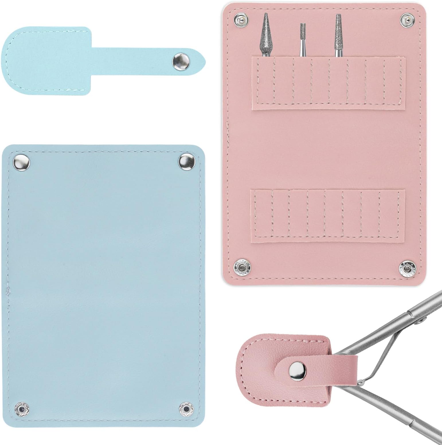 Diakey 4 Pack Nail Drill Bit Holder Bag & Cuticle Trimmer Sleeve, 16 Slots Nail Drill Bits Organizer Case & Cuticle Nipper Cutter Clipper Storage Cover Manicure Tool, Blue+Pink