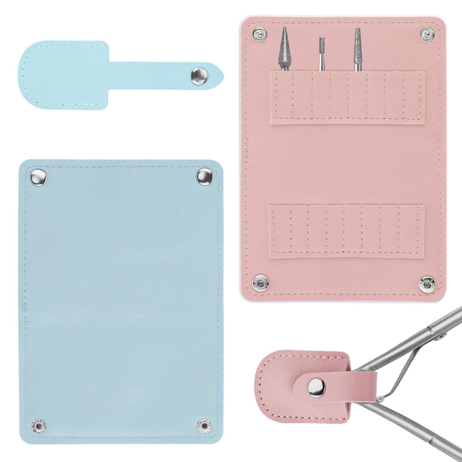 Diakey 4 Pack Nail Drill Bit Holder Bag & Cuticle Trimmer Sleeve, 16 Slots Nail Drill Bits Organizer Case & Cuticle Nipper Cutter Clipper Storage Cover Manicure Tool, Blue+Pink