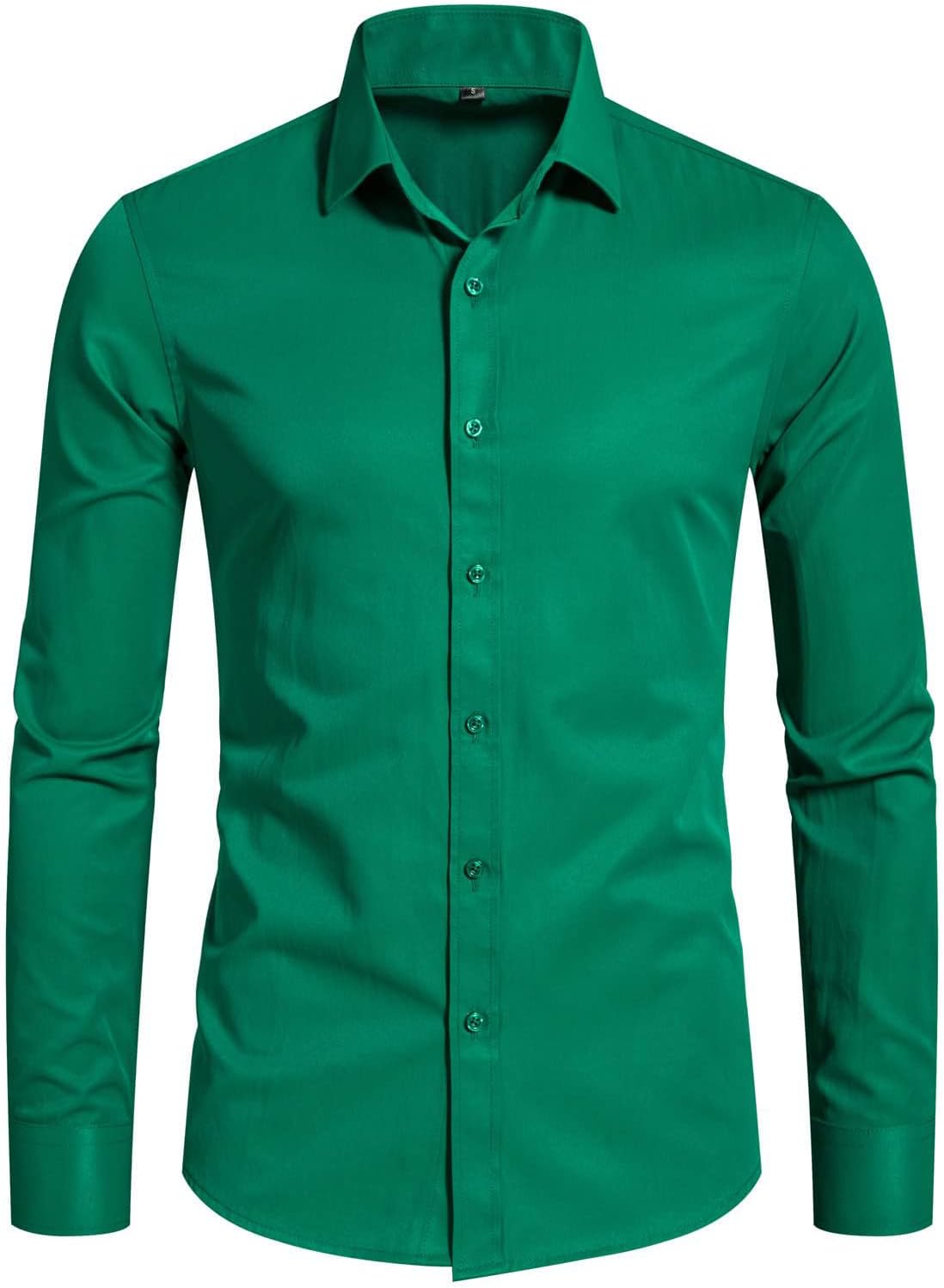 Men's Muscle Dress Shirts Slim Fit Stretch Long Sleeve Casual Button Down Shirt-Green-XXL - Image 3