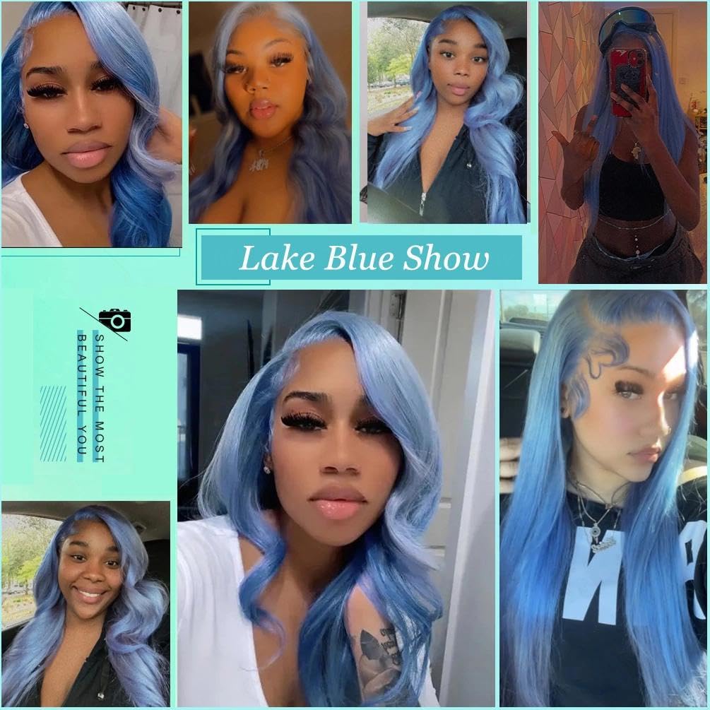 28 Inch Haze Blue Human Hair Wig 200% Density Loose Wave Lace Front Wigs 13x4 UHD Transparent Swiss Lace Pre Plucked Glueless Wig Virgin Colored Human Hair Wigs For Women Halloween Wig