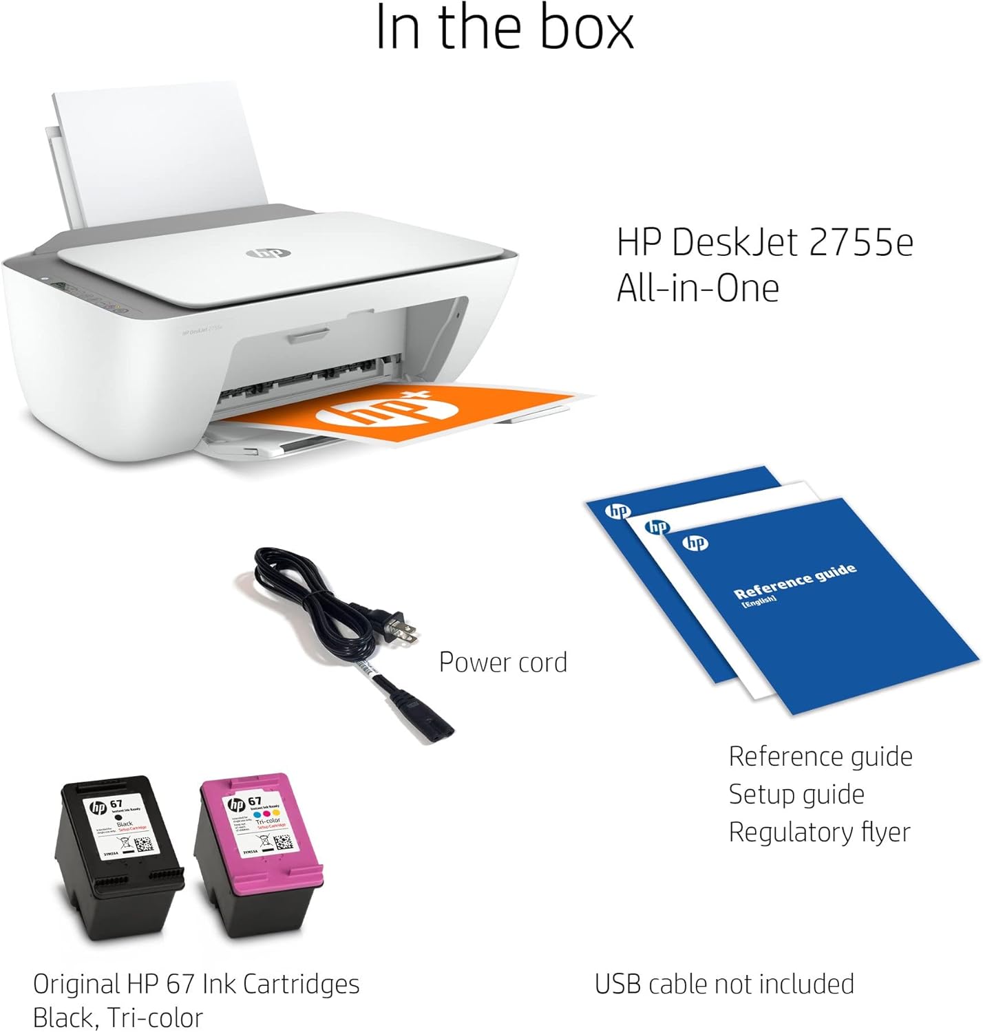 Contents of the HP DeskJet 2755e printer box, including printer, power cord, ink cartridges, and documentation