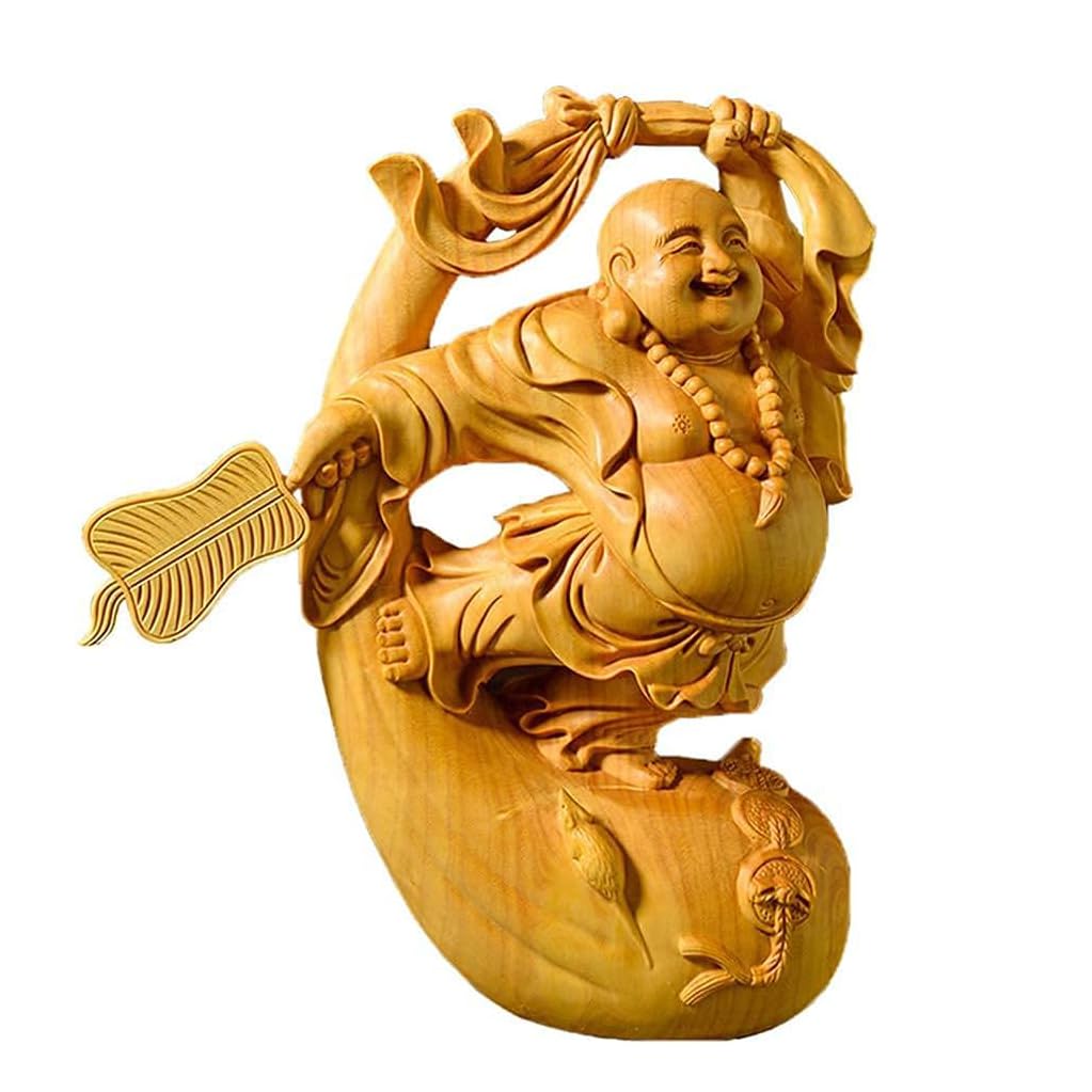 ZHIDAISHI Feng Shui Buddha StatueMaitreya Buddha Home Living Room Ornaments Cypress Wood Carvings To Attract Wealth and Fortune Home Solid Wood Ornaments