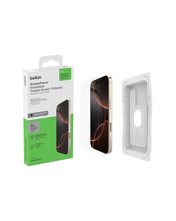 Belkin ScreenForce InvisiGlass Treated Screen Protector for iPhone 16 Pro, Scratch-Resistant Impact Protection w/Included Easy Align Tray for Bubble Free Application - Made with Recycled Glass by Belkin - Used condition - CA$21.99