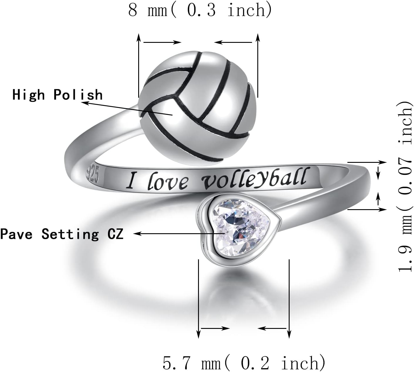 925 Sterling Silver Volleyball Ring Adjustable Birthstone I Love Volleyball Jewelry Gift for Women Player