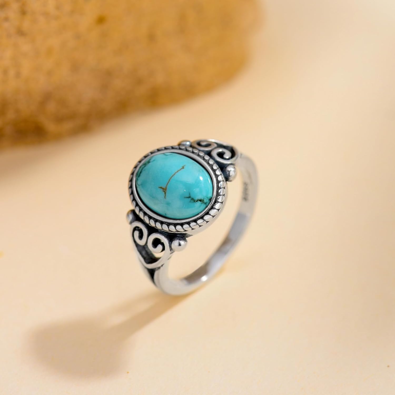 11x8mm Oval Gemstone Ring 925 Sterling Silver, Vintage Filigree Statement Ring - Choose Stone (Onyx, Moonstone, Turquoise) Boho Western Jewelry Gift for Women Sizes 3-13