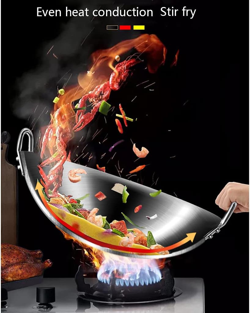 Thickened 201 Non-Magnetic Stainless Steel Wok Pan 34cm-70cm Round Bottom Uncoated Modern Simplicity Household Double Ear Wok Non-Stick Pan for Gas Cooktops