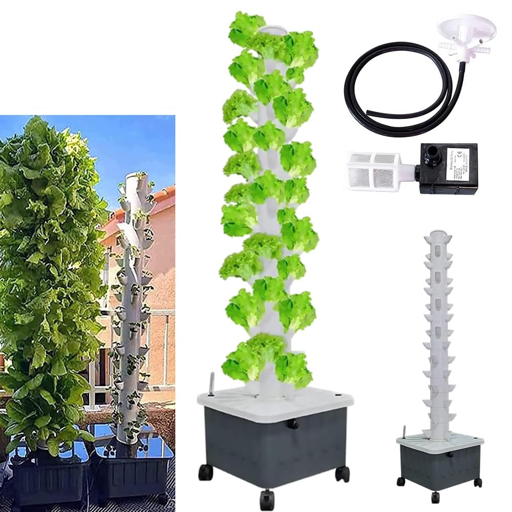 Hydroponic Tower Growing System Hydrokultur Turm- Vertical Grow Tower mit 15 Schichten, 45 pflanzturm, Pumpe und beweglichem Wassertank für Indoor Hydroponic Gardening Hydro Tower