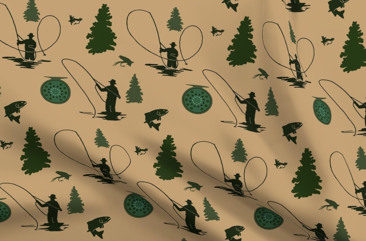 Spoonflower Fabric - Fly Fishing Fisherman Pine Trees Trout River Big Sky Western Printed on Organic Cotton Sateen Fabric by The Yard - Sewing Quilting Apparel Home Decor