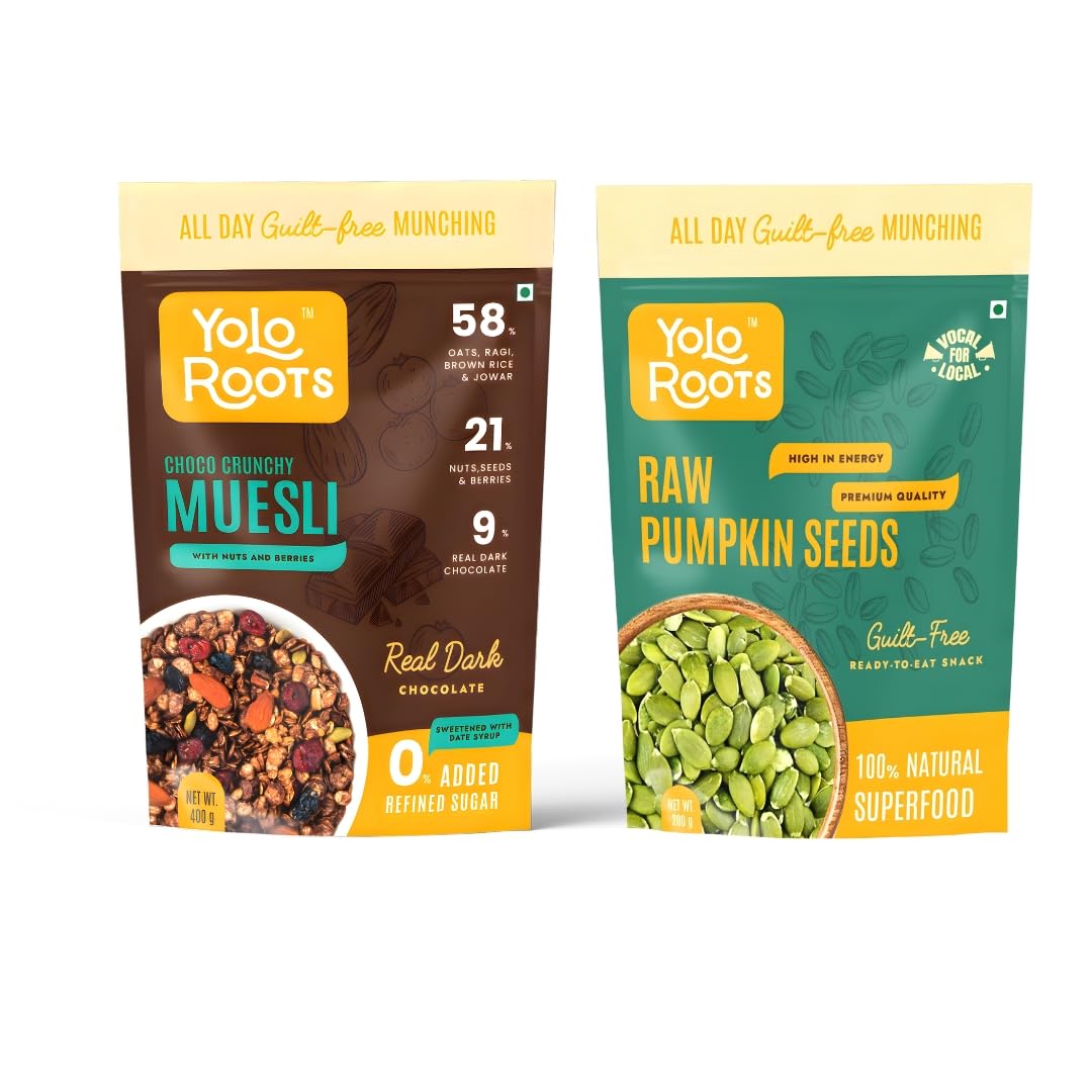 Yolo Roots Choco Crunchy Muesli 400g & Raw Pumpkin Seeds 200g Combo, No Added Sugar, High Fiber Breakfast Cereal & Superfood Seeds, Healthy Snack, Protein Rich, Energy Food with Oats, Nuts & Seeds (Pack of 2)