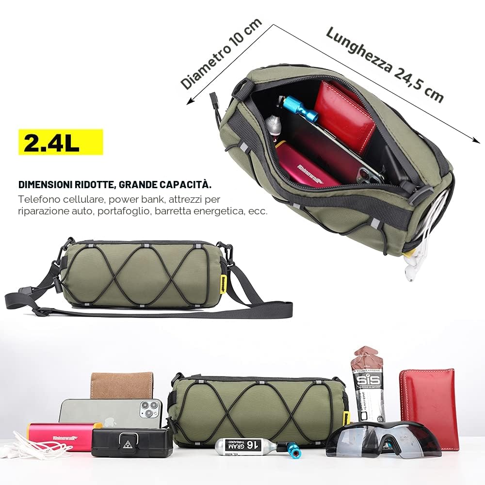 Rhinowalk, Borsa da manubrio a rullo per bicicletta, con tracolla, un accessorio da ciclismo professionale per bici da strada, da città e mountain bike, verde