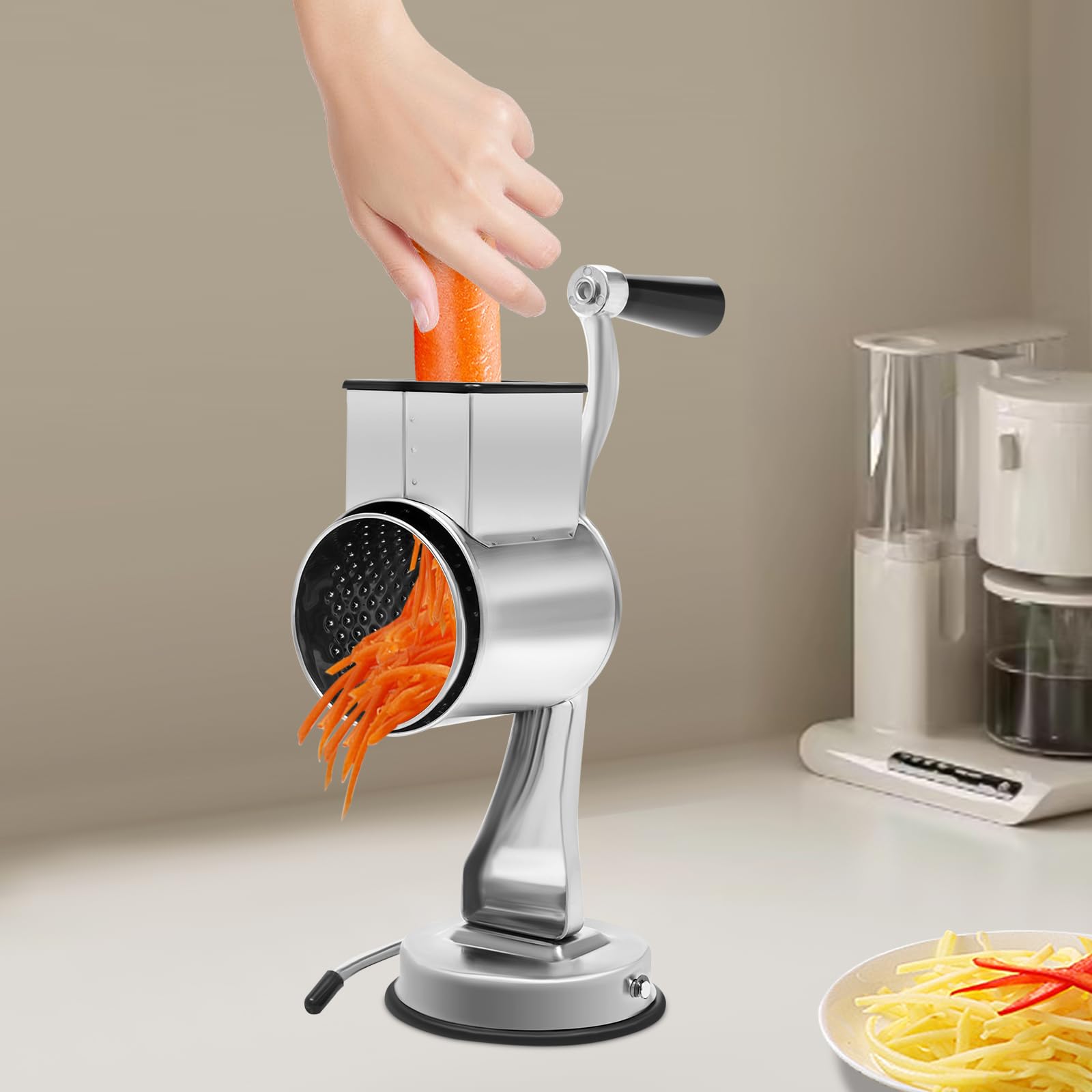 Grattugia a tamburo in acciaio inox, per verdure, per patate, con 5 tamburi, a manovella, per verdure, multifunzione, per cucine, caffetterie, ristoranti
