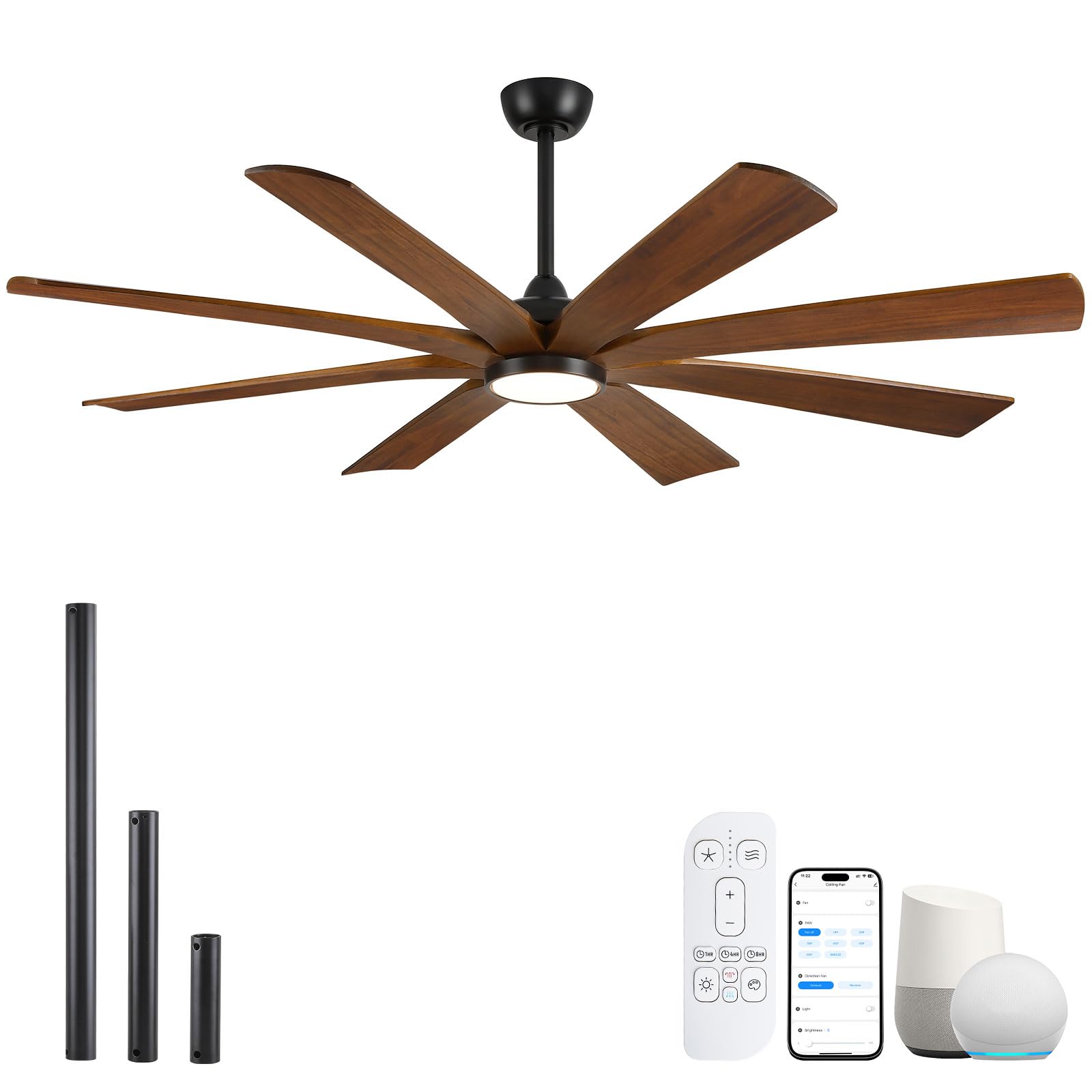 65 Inch Smart Outdoor Ceiling Fan with Light, Works with Alexa Google Home App Remote for Patio - Damp Rated, High CFM Quiet DC Motor, 8 Brown Wood Blades Modern Fan for Large Living Room, Bedroom