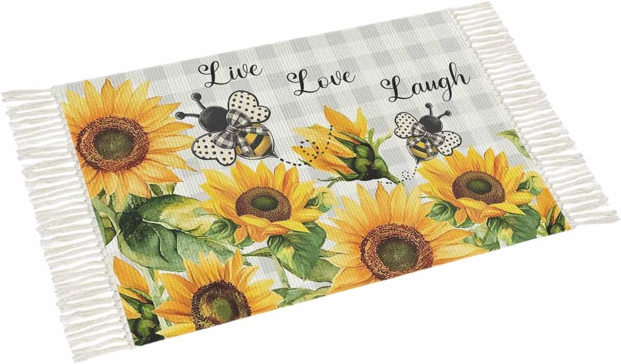 Summer Area Rug with Tassels 2' x 5' Sunflower Bee Floral Leaf Gray Plaid Indoor Accent Rug Lightweight Floor Carpet Washable Mat for Living Room/Dining Room/Bedroom/Office/Patio/Hallway Decor