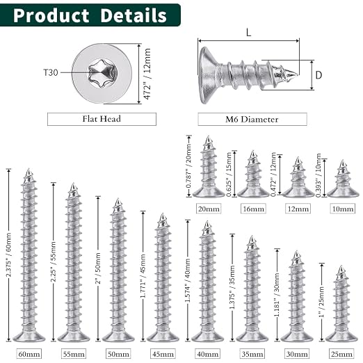 Tornillos de 6x25mm de cabeza plana Torx acero inoxidable paquete de 30 miniatura 3