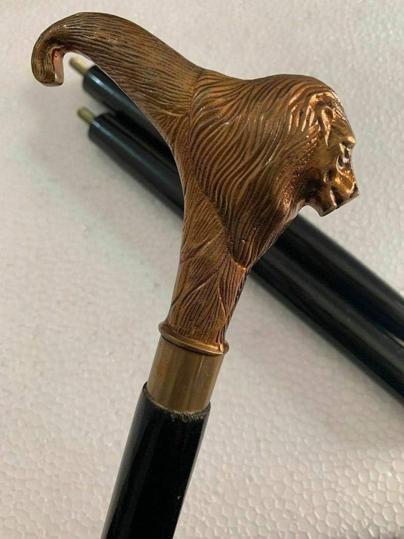 Brass Solid Lion Handle Handmade Style Wooden Walking Stick Cane