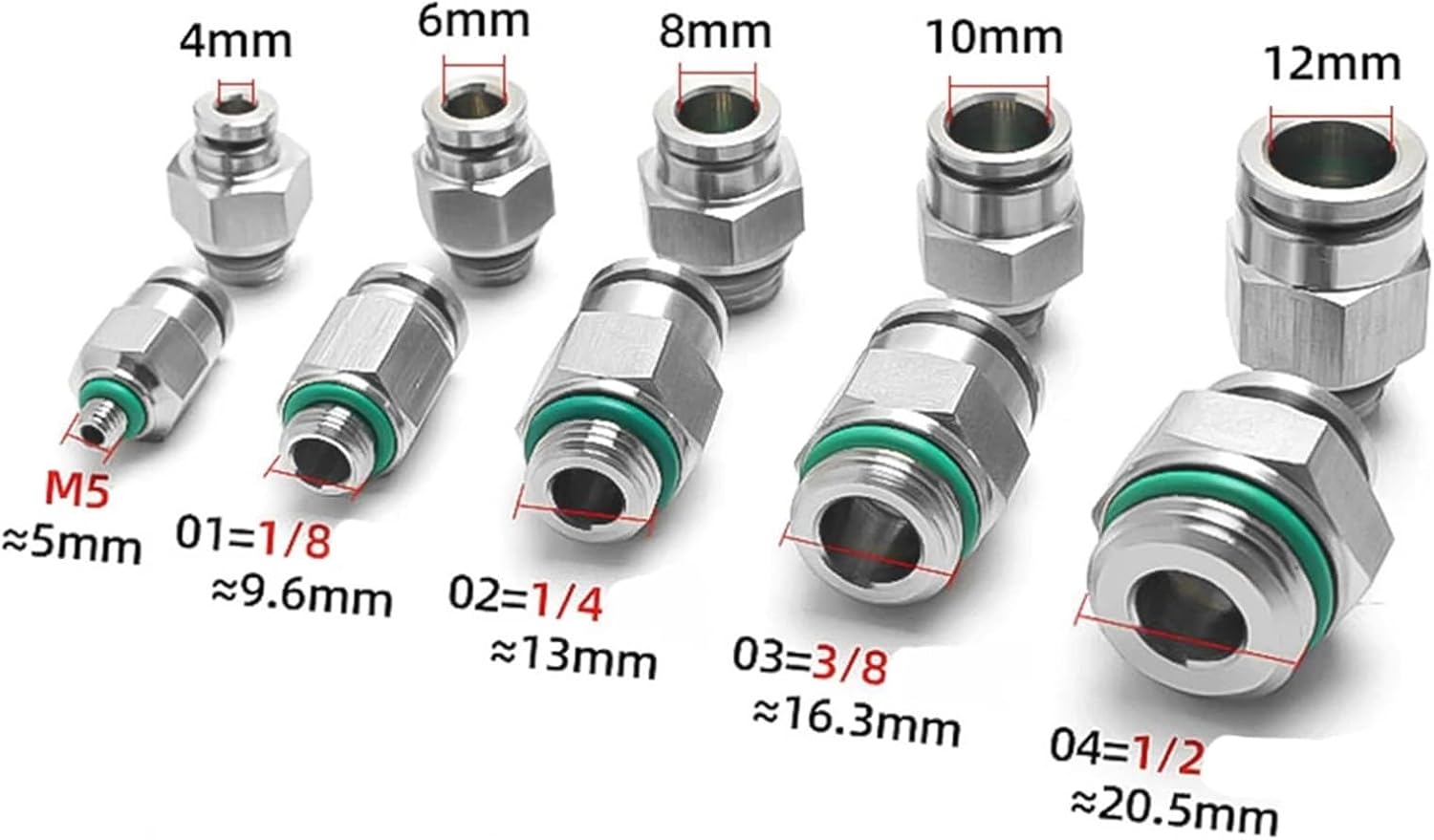PC-G Straight-Through Pneumatic Quick Connector 304 Stainless Steel G1/8 1/4 3/8 1/2 External Thread Hose Connector 4 6 8 10mm(PC8-G04)