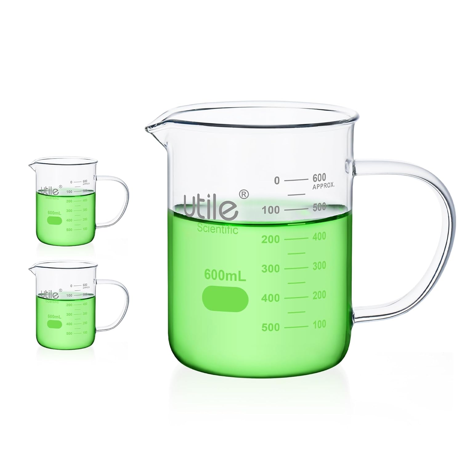 Utile 2pcs Glass Beaker with Handle, Vol. 600ml Lab Glassware Beaker with Printed Graduation, Borosilicate 3.3 Thick Glass Beakers for Science Lab, 4095.0014.2