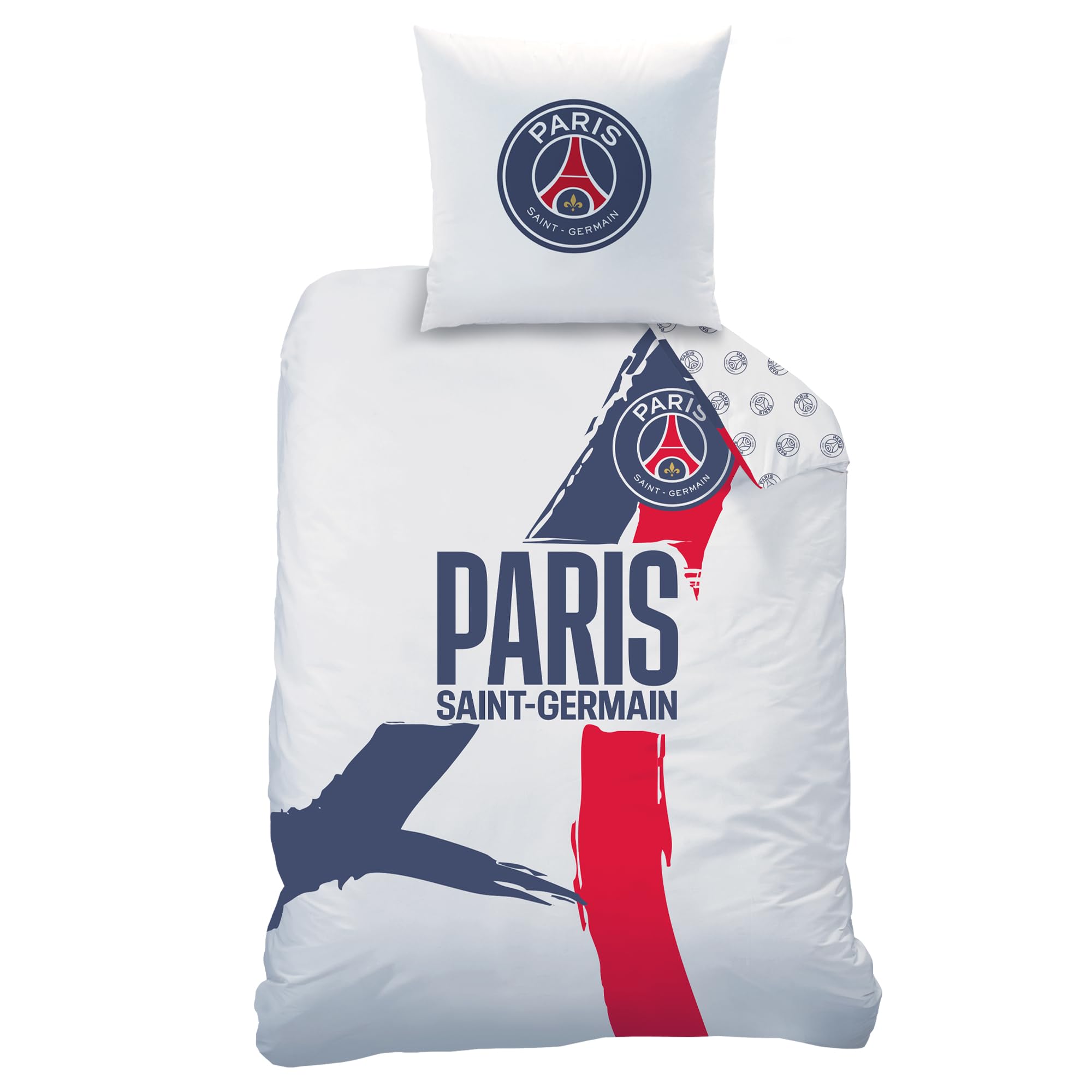 OMYDREAM PSG Tour Parure de lit imprimée 100% Coton - Licence Officielle | Housse de Couette 140x200 cm + 1 taie 63x63 cm | Fermeture boutons | Chambre enfant, lit 1 place | Certification Oeko-Tex