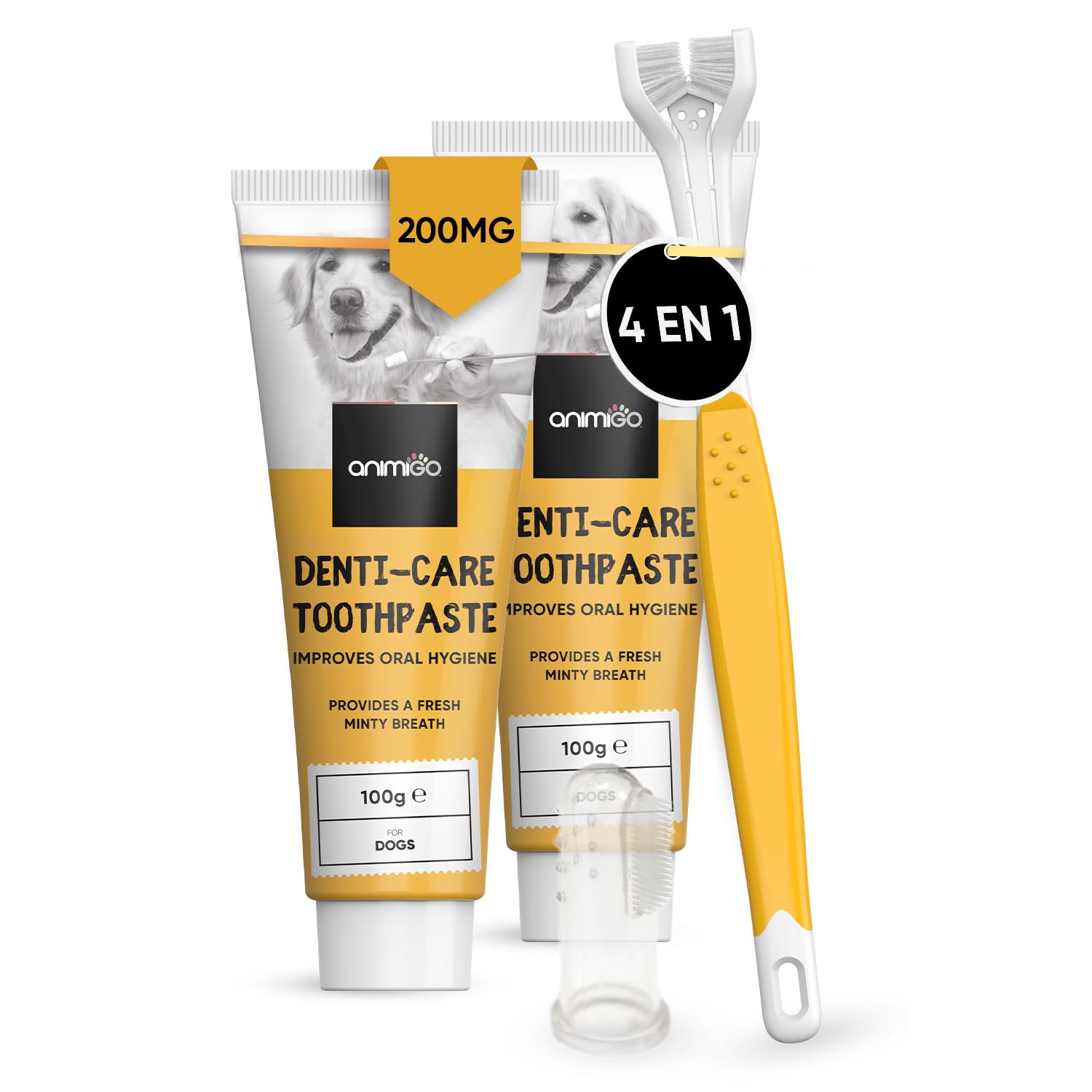 Pasta de Dientes para Perros - 2 Unidades de 100gr con Cepillo Dental de Triple Cabezal y de Dedo | Kit Higiene Bucal para Eliminar Sarro y Mal Aliento Canino, Sabor Natural a Menta - Todas Las Razas