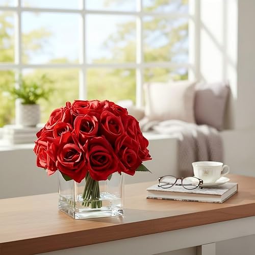 Miniatura 2 de 18 cabezas de rosas rojas falsas en jarrón con agua falsa, rosa de seda con jarrón para mesa de comedor, dormitorio, decoración de boda (rojo)