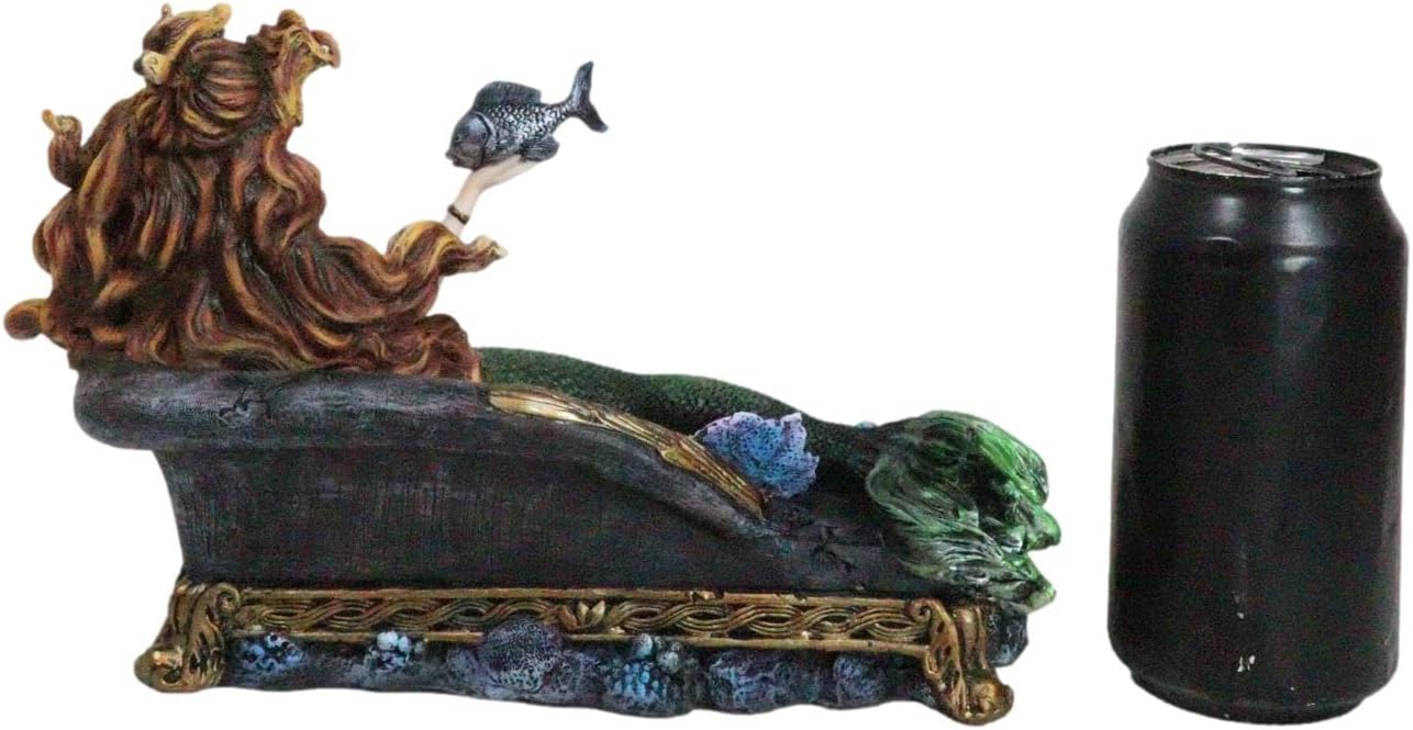 Ebros Gift Queen of Atlantis Siren Mermaid with Green Iridescent Tail and Fish Companion Resting Oceanic Boudoir Lounge Chair Statue Nautical Sirens of The Seas Coastal Decor