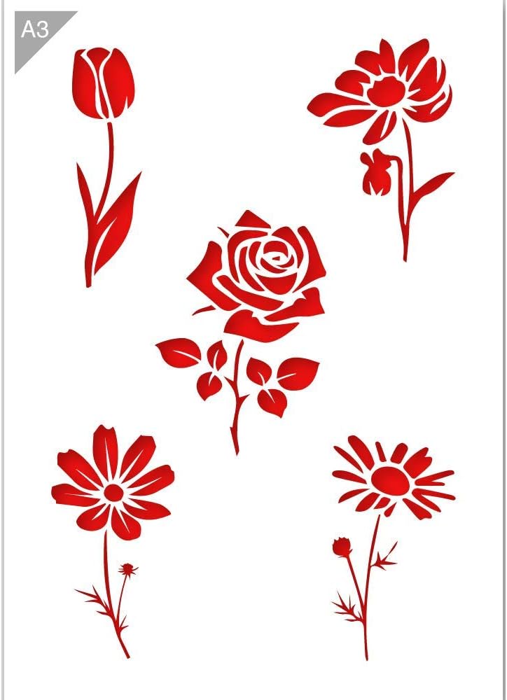 QBIX Flowers Stencil - Tulip Stencil - Rose Stencil - Daisy Stencil - A3 Size - Reusable Kids Friendly DIY Stencil for Painting, Baking, Crafts, Wall, Furniture