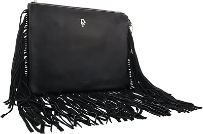 Daniela Fargion Black Leather Suede Fringe Pouch Clutch for womens