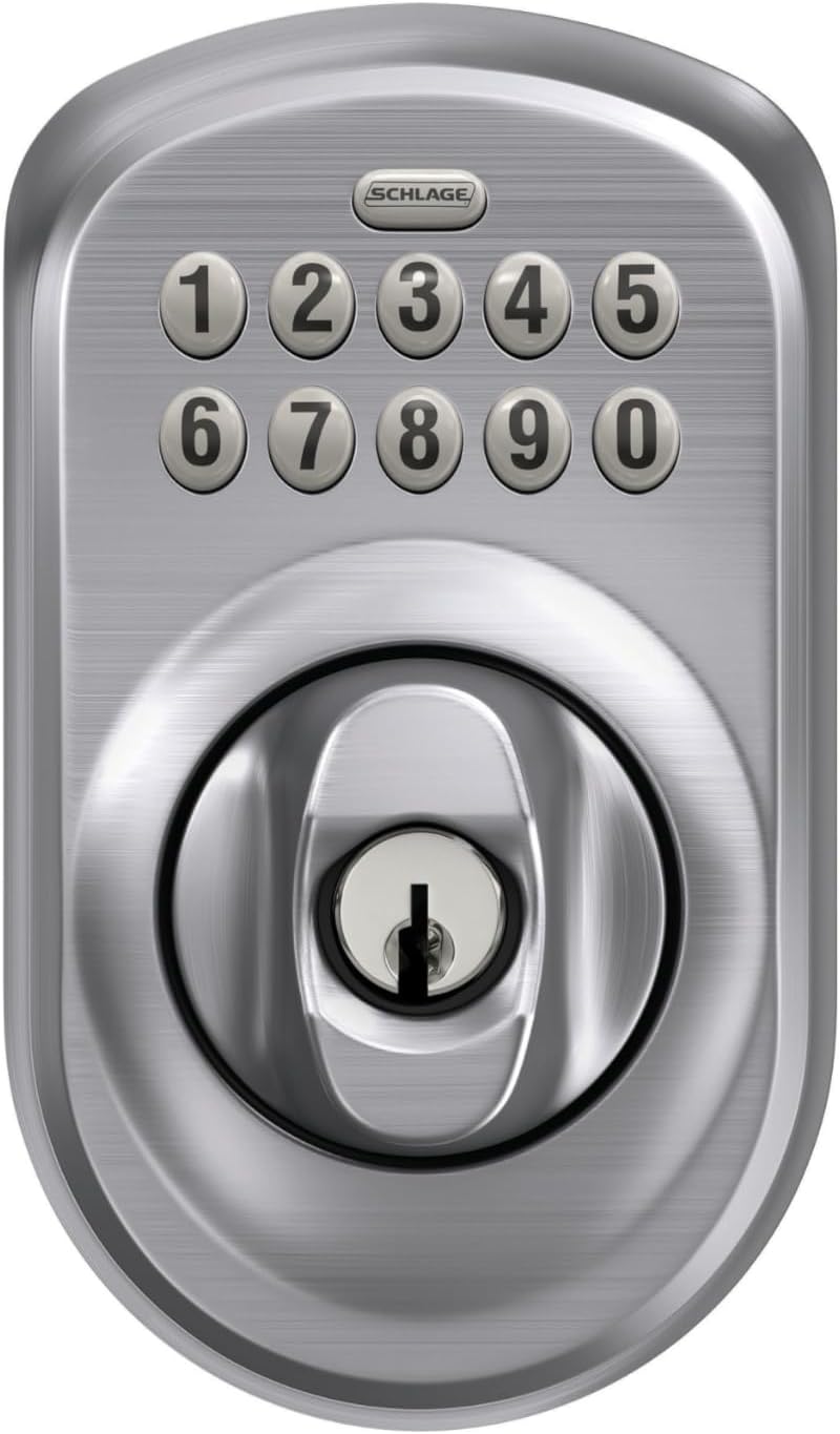 Schlage BE365 PLY 626 Plymouth Keypad Deadbolt, Electronic Keyless Entry Lock, Satin Chrome